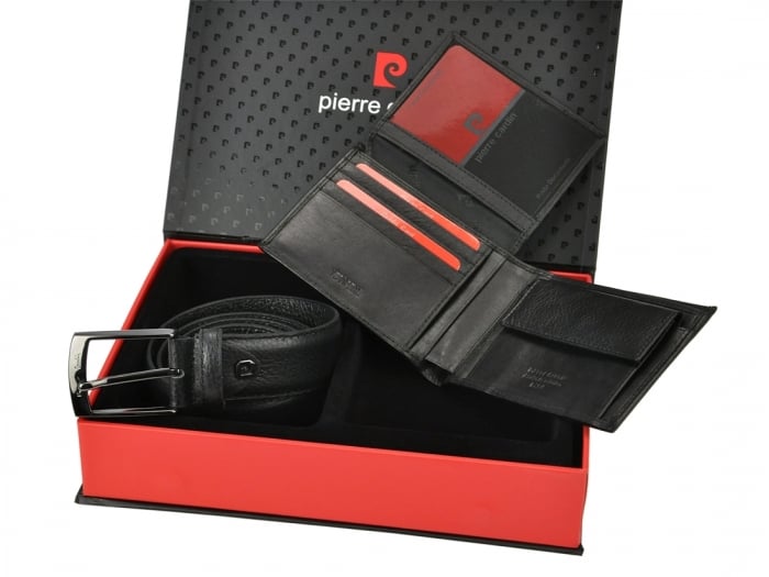 Set cadou de lux pt. barbati din piele naturala (portofel + curea) Pierre Cardin PORM213 Negru [5]