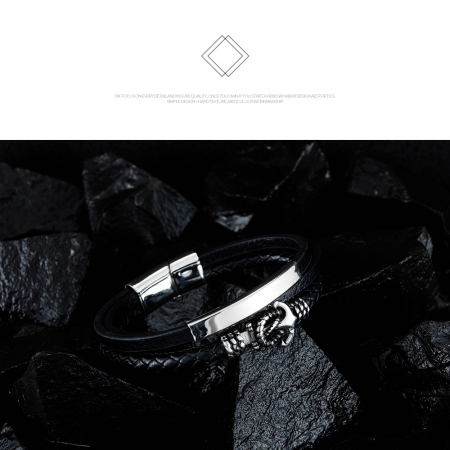 Bratara Anchor din inox si piele neagra [13]