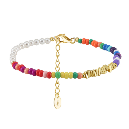 Bratara argint 925 placata cu aur 14K cu perle si margele din sticla colorata