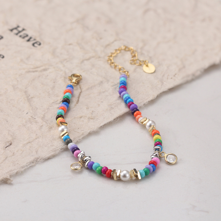 Bratara argint 925 placata cu aur 14K cu perle si zirconiu si margele din sticla colorata [5]