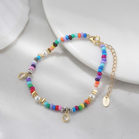 Bratara argint 925 placata cu aur 14K cu perle si zirconiu si margele din sticla colorata [3]