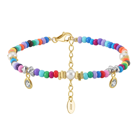 Bratara argint 925 placata cu aur 14K cu perle si zirconiu si margele din sticla colorata