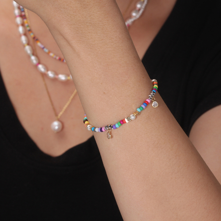 Bratara argint 925 placata cu aur 14K cu perle si zirconiu si margele din sticla colorata [2]