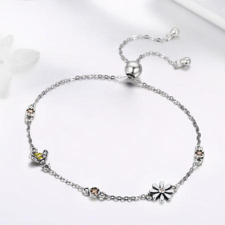Bratara argint 925 reglabila cu floare alba, albinuta si zirconii colorate - Be Nature BST0035 [3]