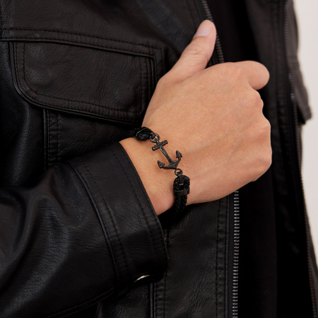 Bratara dubla inox si piele impletita cu ancora neagra [1]