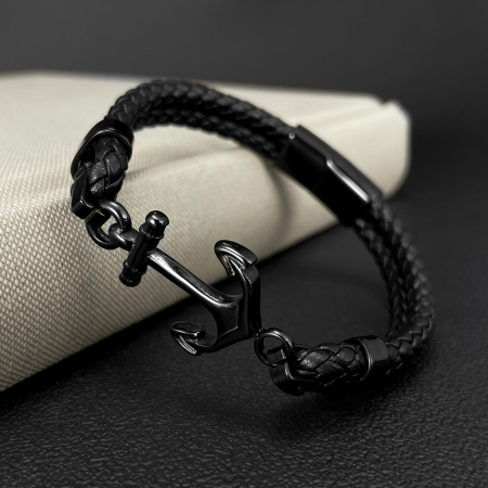 Bratara dubla inox si piele impletita cu ancora neagra [2]