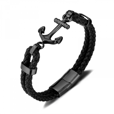 Bratara dubla inox si piele impletita cu ancora neagra