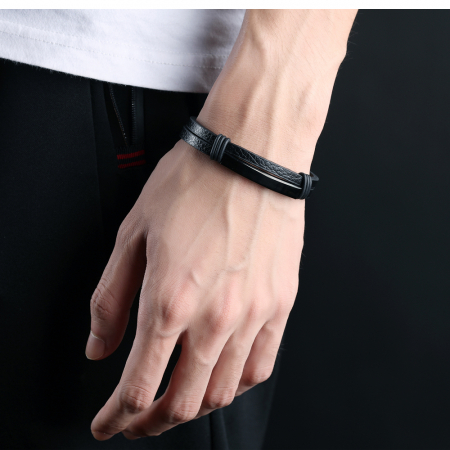 Bratara dubla din piele si inox cu placuta neagra [9]