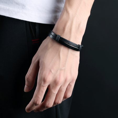 Bratara dubla din piele si inox cu placuta neagra [1]