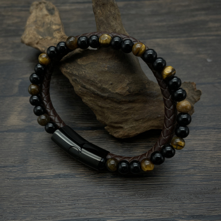 Bratara dubla inox, piele si ochi de tigru [5]