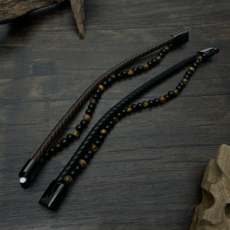 Bratara dubla inox, piele si ochi de tigru [3]