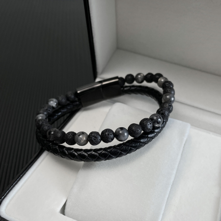 Bratara dubla inox, piele si roca vulcanica [10]