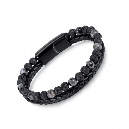 Bratara dubla inox, piele si roca vulcanica