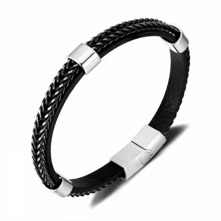 Bratara dubla inox si piele impletita