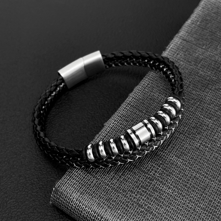 Bratara dubla inox si piele impletita [2]