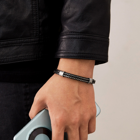 Bratara dubla inox si piele impletita [1]