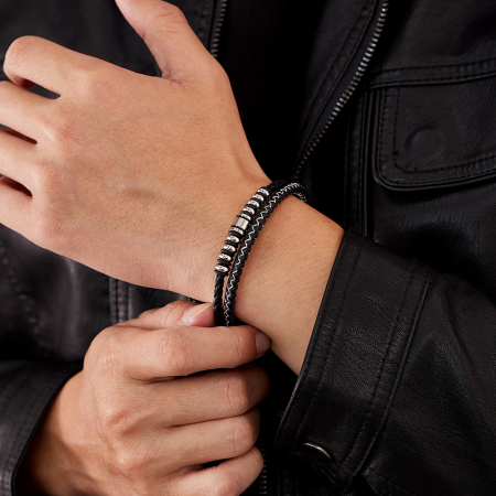 Bratara dubla inox si piele impletita [3]