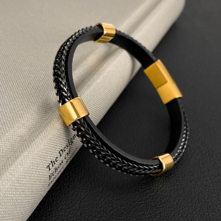 Bratara dubla inox si piele impletita [2]