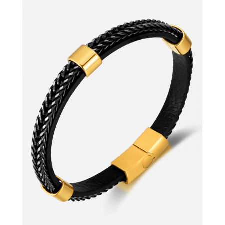 Bratara dubla inox si piele impletita [9]