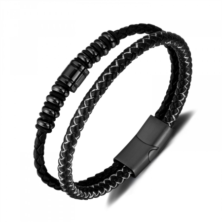 Bratara dubla inox si piele impletita