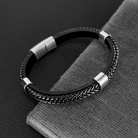 Bratara dubla inox si piele impletita [4]