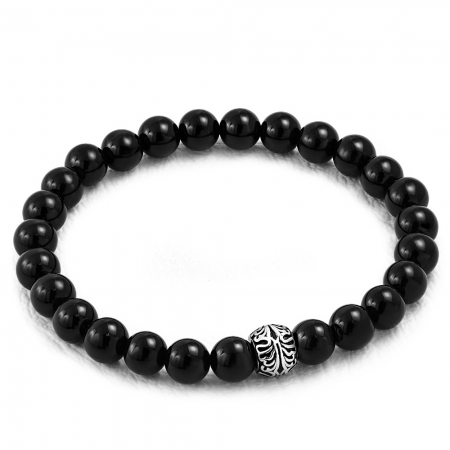 Bratara elastica cu agate negre si charm din inox