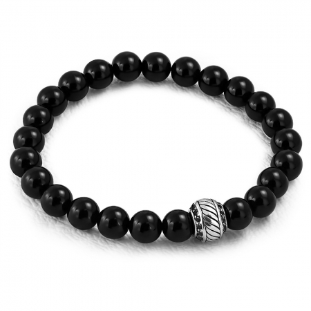 Bratara elastica cu agate negre si charm din inox
