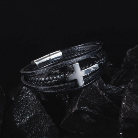 Bratara Faith cu cruce din inox si piele naturala [10]