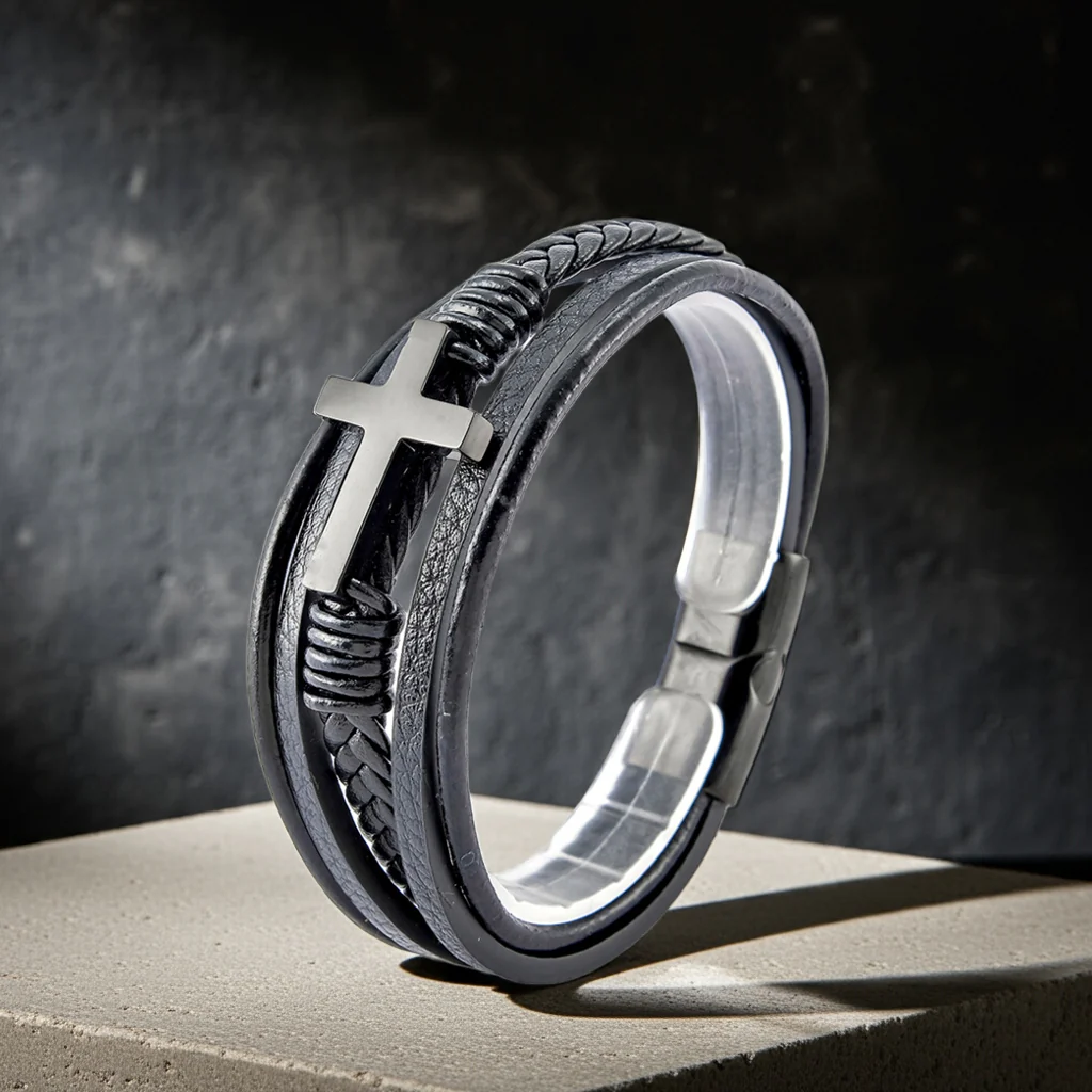 Bratara Faith cu cruce neagra din inox si piele naturala [3]