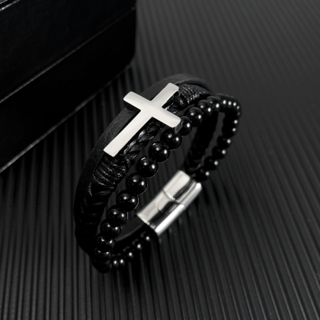 Bratara Faith tripla din inox, piele naturala si bazalt cu cruce argintie [1]