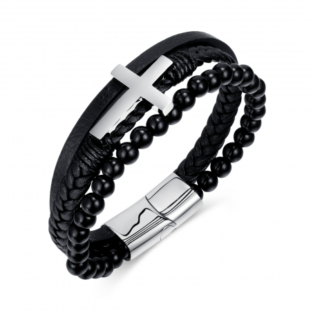 Bratara Faith tripla din inox, piele si bazalt cu cruce argintie