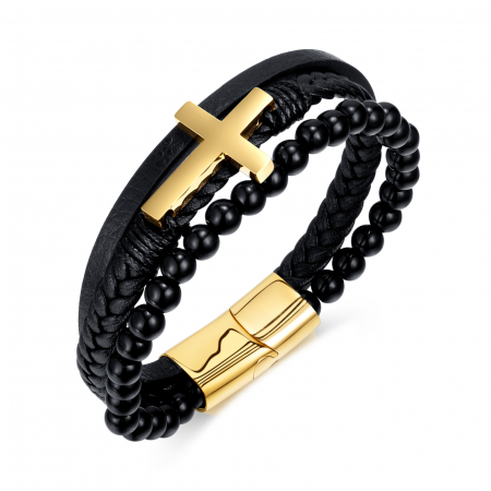 Bratara Faith tripla din inox, piele si bazalt cu cruce aurie