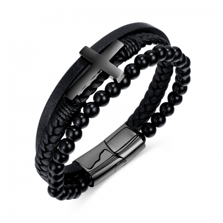 Bratara Faith tripla din inox, piele si bazalt cu cruce neagra