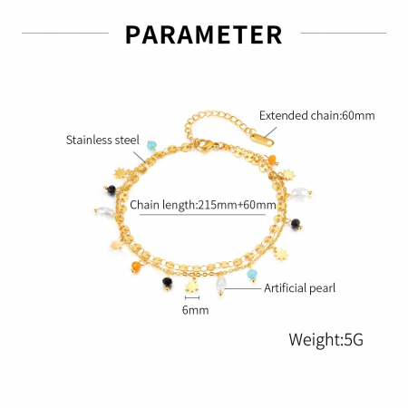 Bratara glezna inox auriu lant dublu cu margele si sori 21,5 + 6 cm [2]