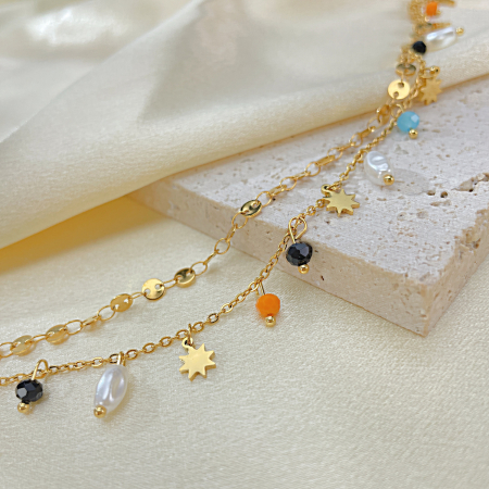 Bratara glezna inox auriu lant dublu cu margele si sori 21,5 + 6 cm [4]