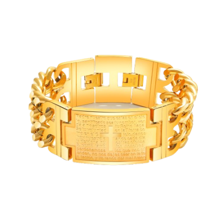 Bratara inox aurie cu cruce si rugaciune – Credinta si eleganta masculina