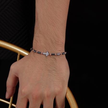 Bratara inox cu hematit, margele aurii si cruciulita [6]