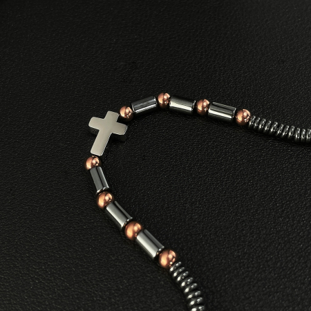 Bratara inox cu hematit, margele aurii si cruciulita [11]