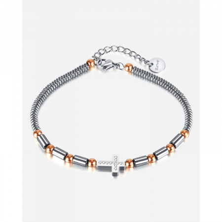 Bratara inox cu hematit, margele aurii si cruciulita [14]