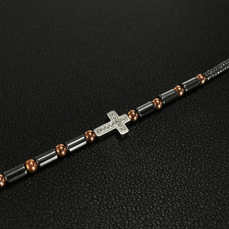 Bratara inox cu hematit, margele aurii si cruciulita [4]