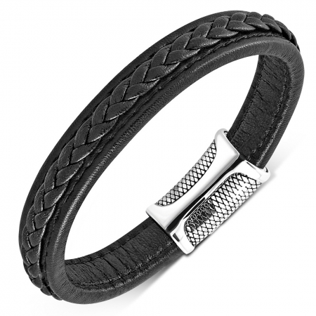Bratara inox cu piele neagra impletita [0]