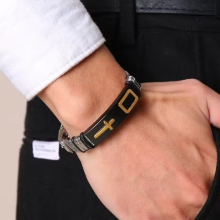Bratara inox cu placuta argintie si cruce aurie [6]