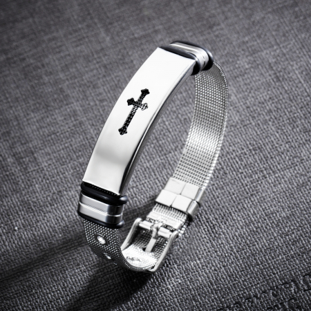 Bratara inox cu placuta argintie si cruce decupata [2]