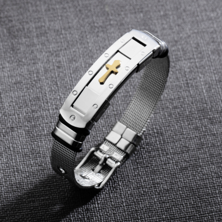Bratara inox cu placuta argintie si cruce aurie [9]