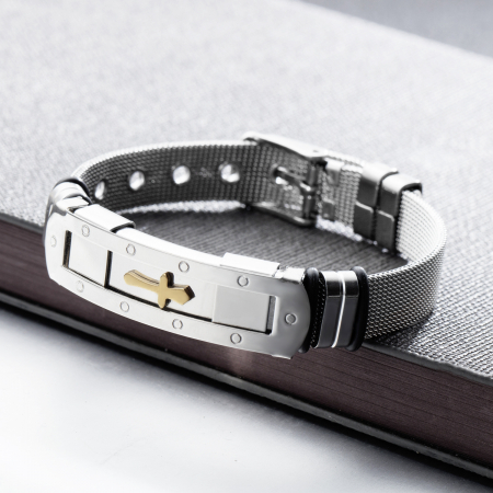 Bratara inox cu placuta argintie si cruce aurie [8]