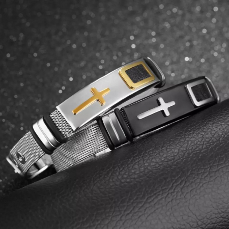 Bratara inox cu placuta neagra si cruce argintie [3]