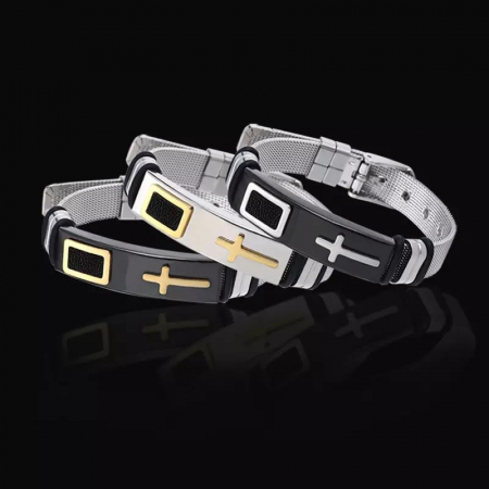 Bratara inox cu placuta argintie si cruce aurie [3]