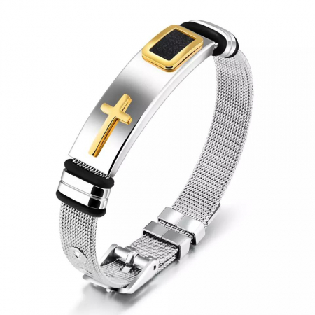 Bratara inox cu placuta argintie si cruce aurie
