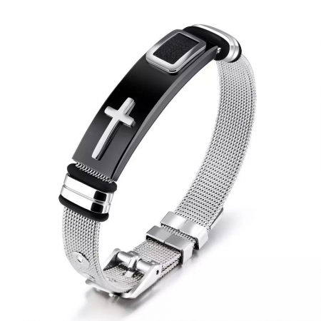 Bratara inox cu placuta neagra si cruce argintie