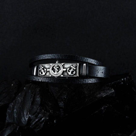 Bratara piele neagra cu placuta Nautical [7]